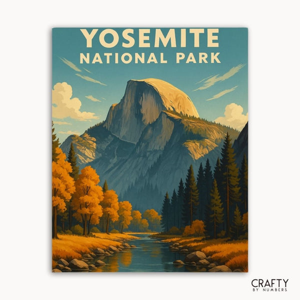 Paint by numbers kit of Yosemite National Park featuring Half Dome and serene mountain landscape scenery.
