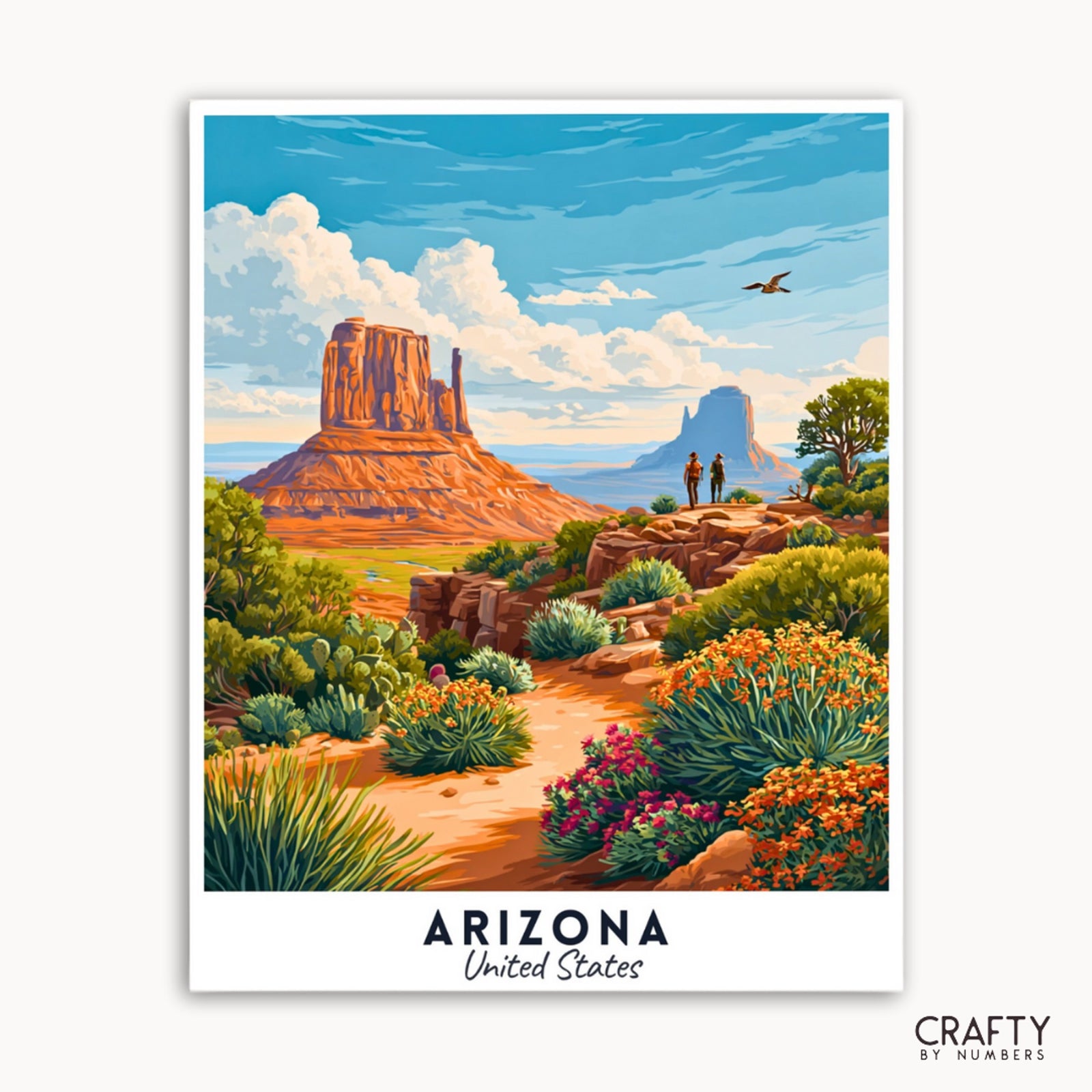 Illustration einer Wüstenlandschaft mit ikonischen Felsformationen und Kakteen, mit den Texten „Arizona United States“ und „Crafty by Numbers“.