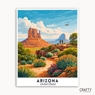 Illustration d'un paysage désertique avec des formations rocheuses et des cactus emblématiques, avec les textes « Arizona United States » et « Crafty by Numbers ».