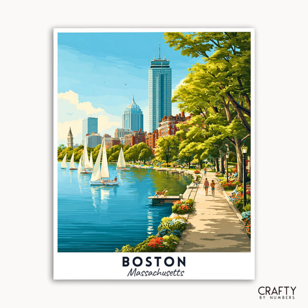 Art print of Boston, Massachusetts with a scenic view of the city and river.