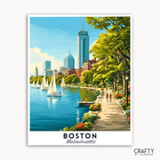 Art print of Boston, Massachusetts with a scenic view of the city and river.
