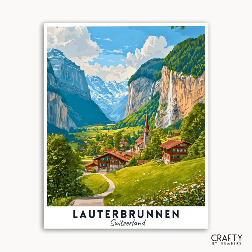 Poster of Lauterbrunnen, Switzerland with mountains and village.