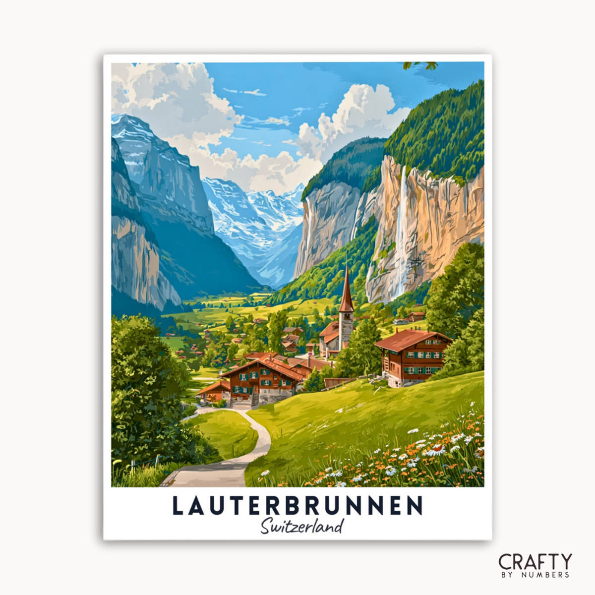 Póster de Lauterbrunnen, Suiza con montañas y pueblo.