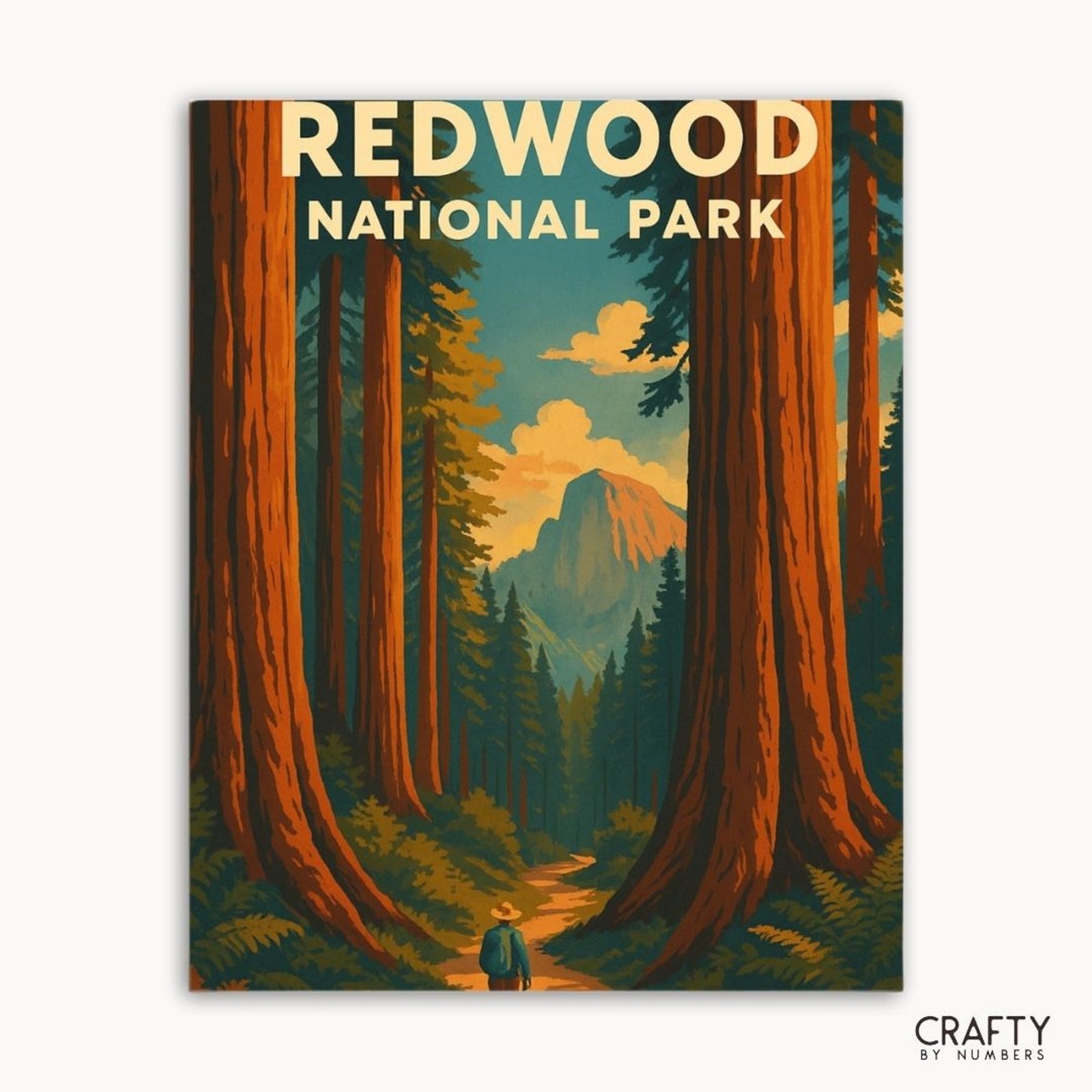 Kit de peinture par numéros du parc national de Redwood avec paysage forestier pittoresque pour les artistes débutants.