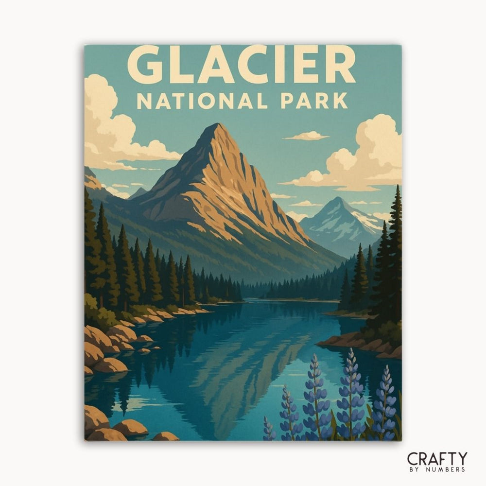Twin Pines View at Glacier National Park in a DIY paint by numbers kit capturing beautiful outdoor landscape.