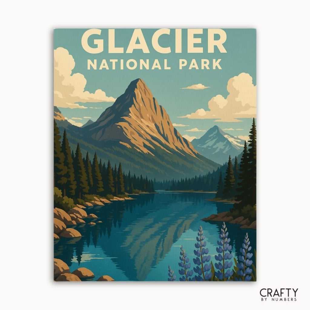 Twin Pines View im Glacier National Park in einem DIY-Malen-nach-Zahlen-Set, das eine wunderschöne Landschaft im Freien einfängt.