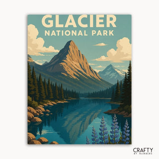 Vista de Twin Pines en el Parque Nacional Glacier en un kit de pintura por números de bricolaje que captura un hermoso paisaje al aire libre.