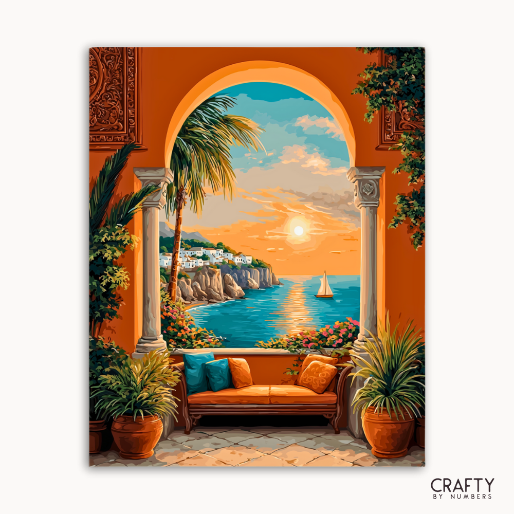 Surreal scene with a couch under an archway overlooking a scenic sunset over water, featuring palm trees and decorative elements.