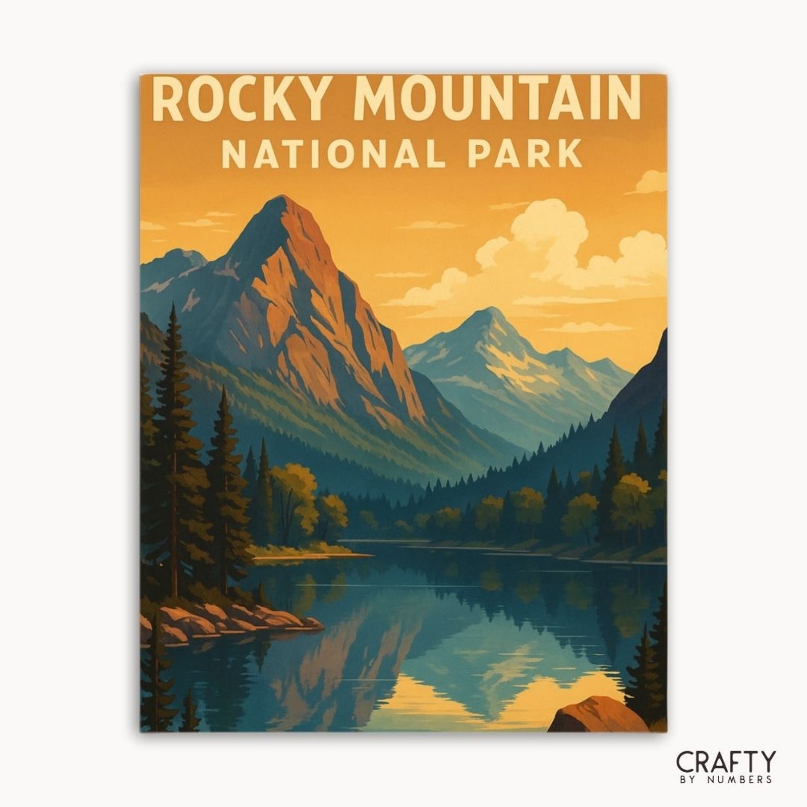Pintura panorámica de la naturaleza que presenta el Parque Nacional de las Montañas Rocosas para una decoración del hogar inspirada en la naturaleza.