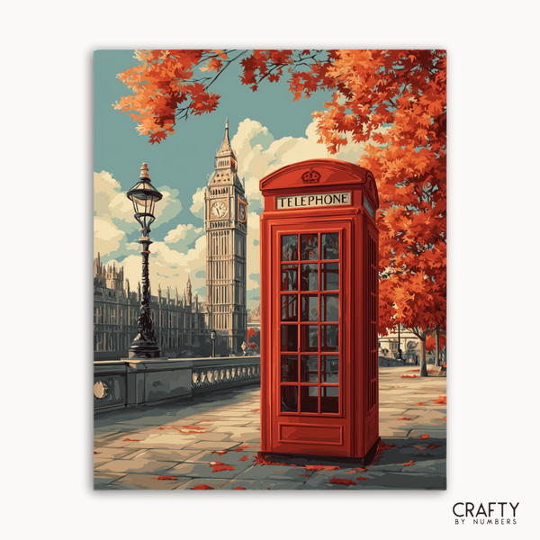 Vintage-style illustration of a red telephone box with Big Ben in the background, featuring autumn trees.