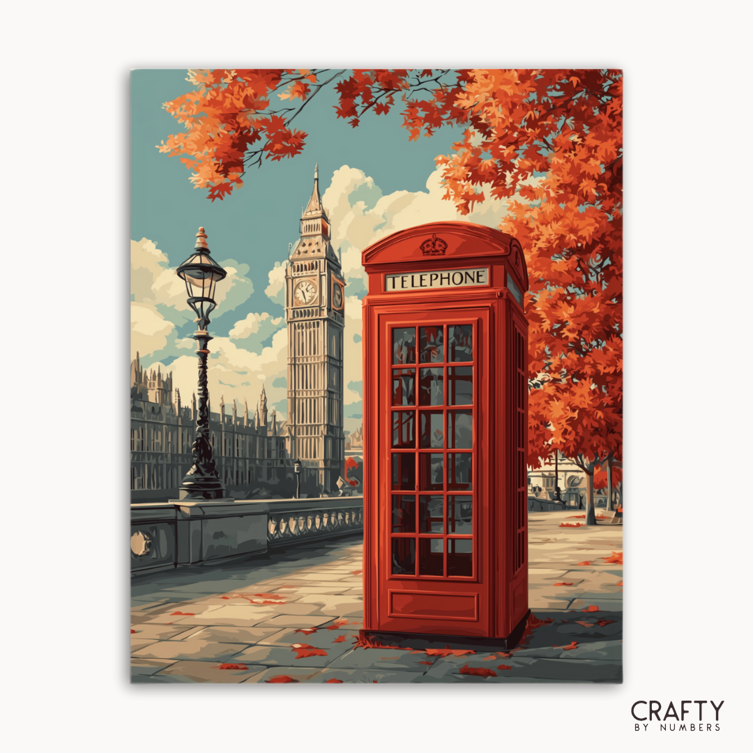 Vintage-style illustration of a red telephone box with Big Ben in the background, featuring autumn trees.