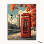 Vintage-style illustration of a red telephone box with Big Ben in the background, featuring autumn trees.