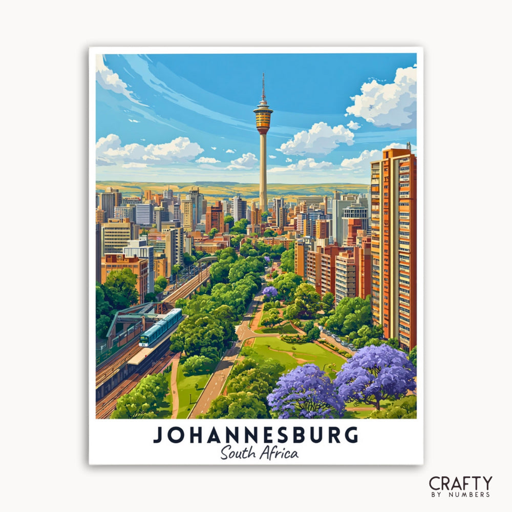 Illustration of Johannesburg, South Africa with the skyline and a prominent tower.