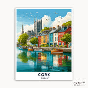 Illustration of a scenic view of Cork, Ireland with colorful buildings and a harbor.