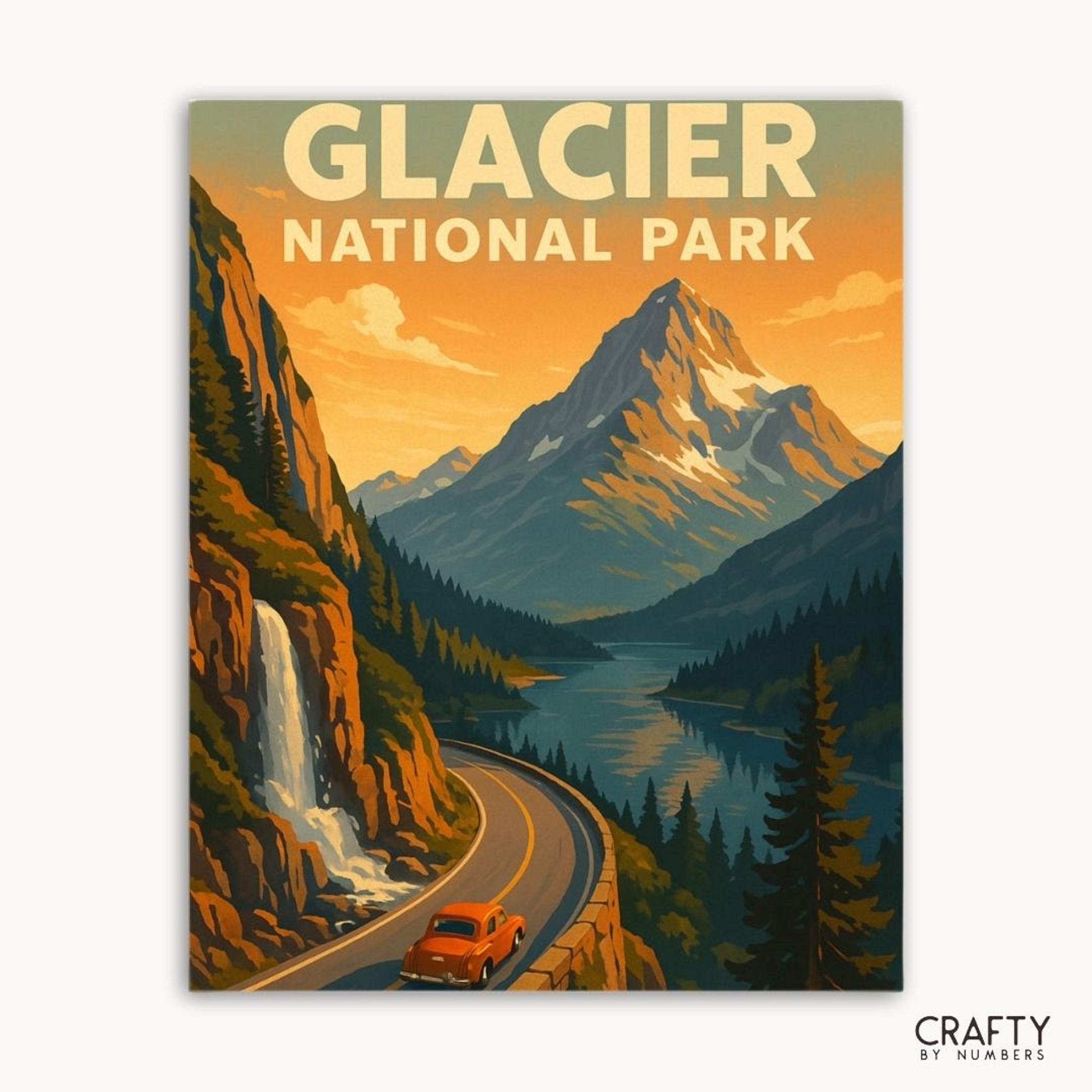 Scenic Glacier National Park landscape paint by numbers with forest, mountains, and outdoor adventure.