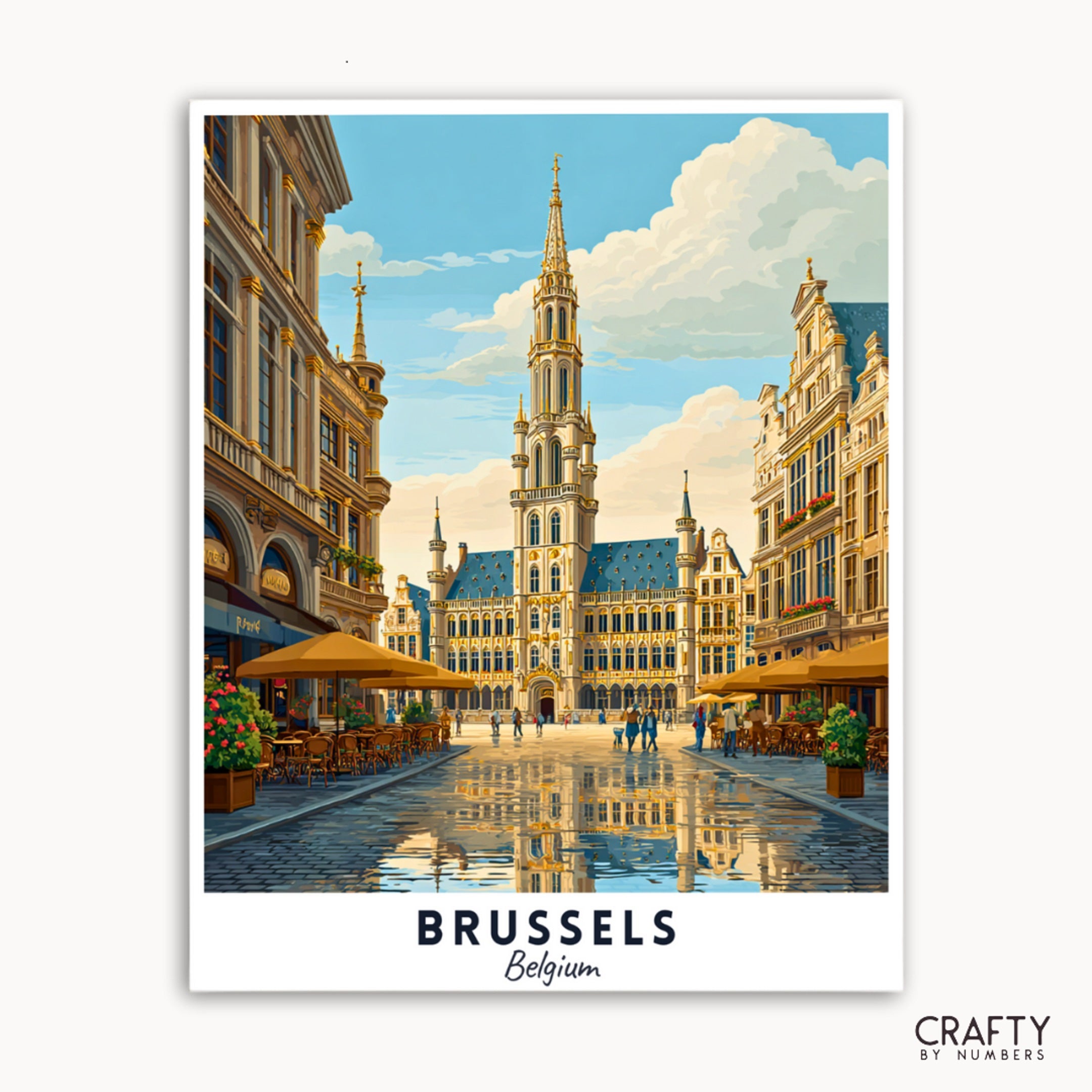 Illustration of a city square with a tall building labeled 'Brussels, Belgium' by Crafty by Numbers.