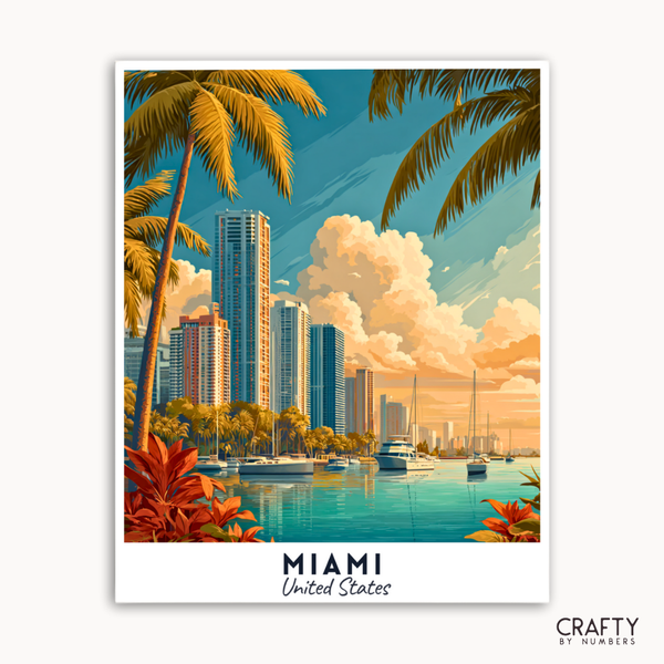 Miami skyline with palm trees and boats, featuring the brand 'Crafty by Numbers'.