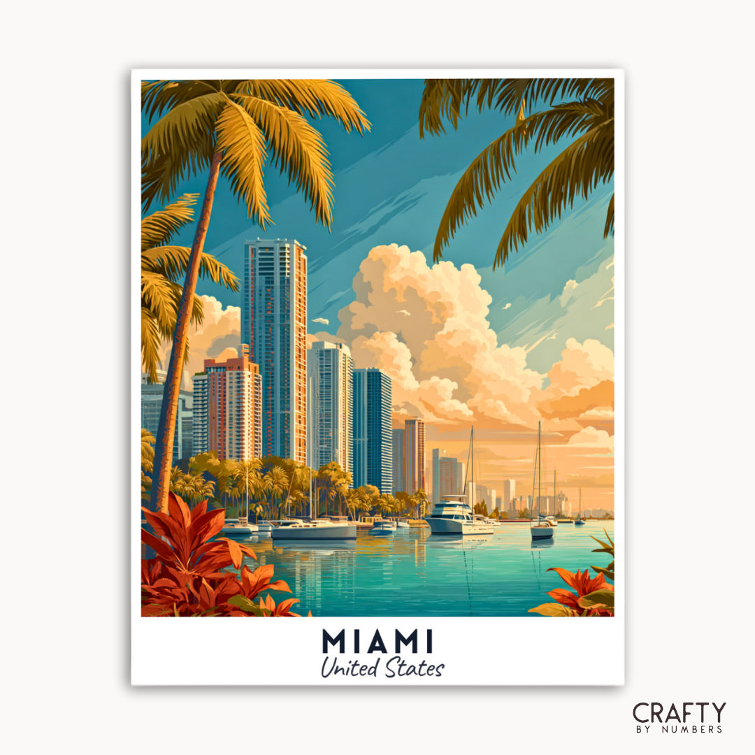 Skyline von Miami mit Palmen und Booten, mit der Marke „Crafty by Numbers“.