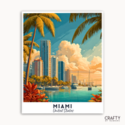 Miami skyline with palm trees and boats, featuring the brand 'Crafty by Numbers'.