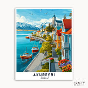 Illustration of a scenic view of Akureyri, Iceland with boats and buildings by a lake.