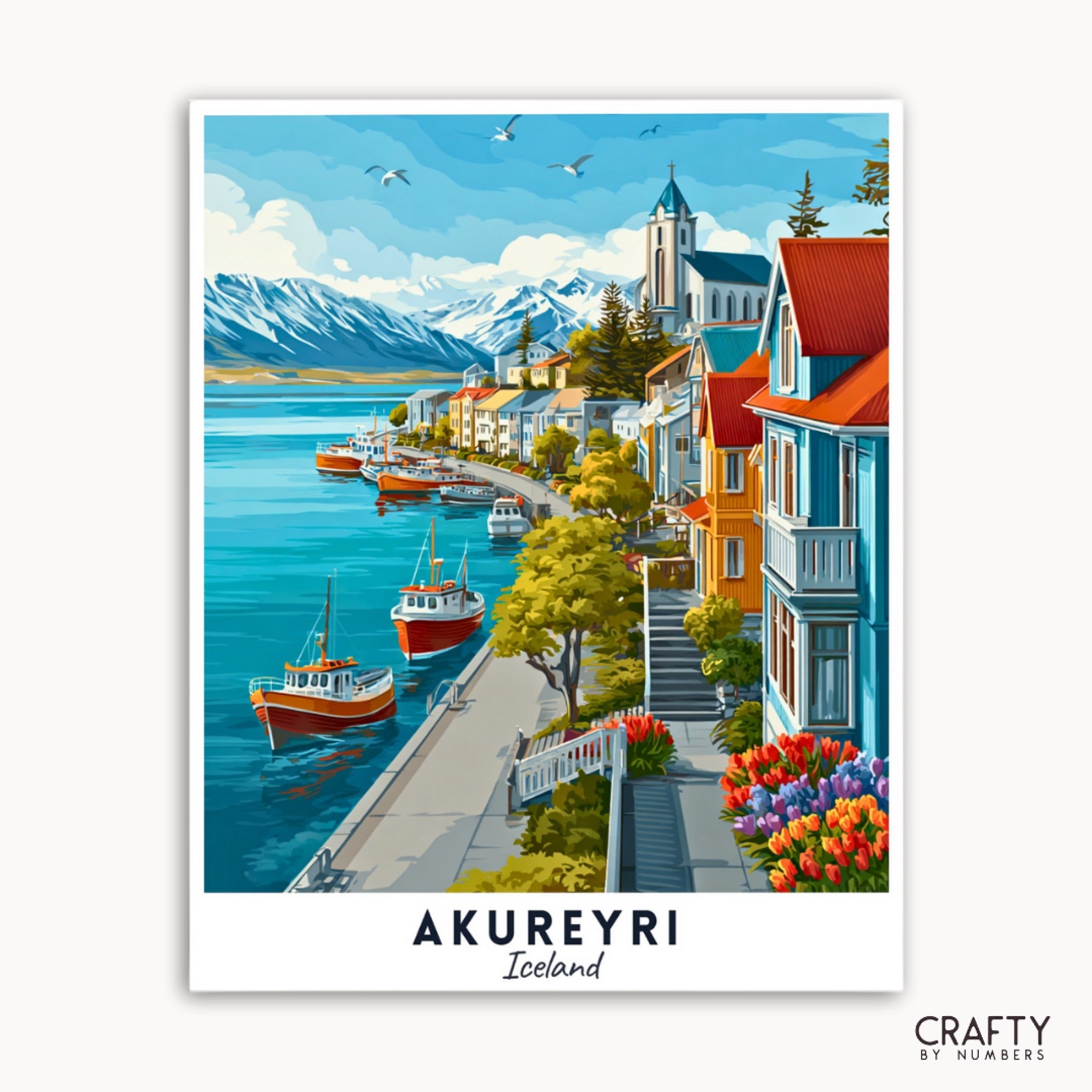 Illustration of a scenic view of Akureyri, Iceland with boats and buildings by a lake.