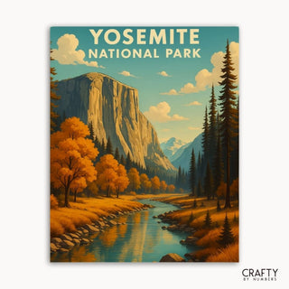 Kit de peinture DIY de paysage pittoresque de Yosemite représentant des forêts, des montagnes et la beauté naturelle du parc national.