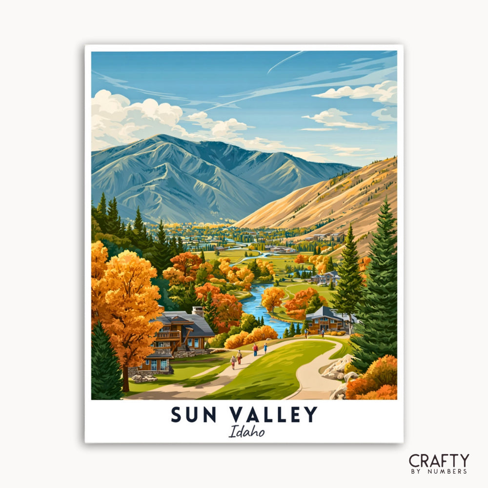 Lithograph of Sun Valley, Idaho with mountains and trees.