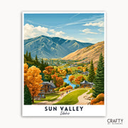 Lithograph of Sun Valley, Idaho with mountains and trees.