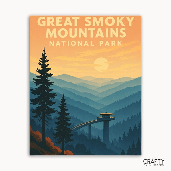 Great Smoky Mountains paint by numbers kit featuring a scenic mountain landscape for beginner-friendly DIY painting.