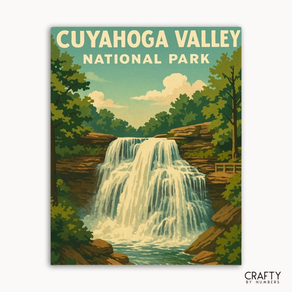 DIY wall art kit of Cuyahoga Valley National Park landscape painting with river and trees.