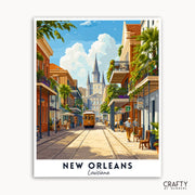 Illustration of a street scene in New Orleans with a tram and buildings.