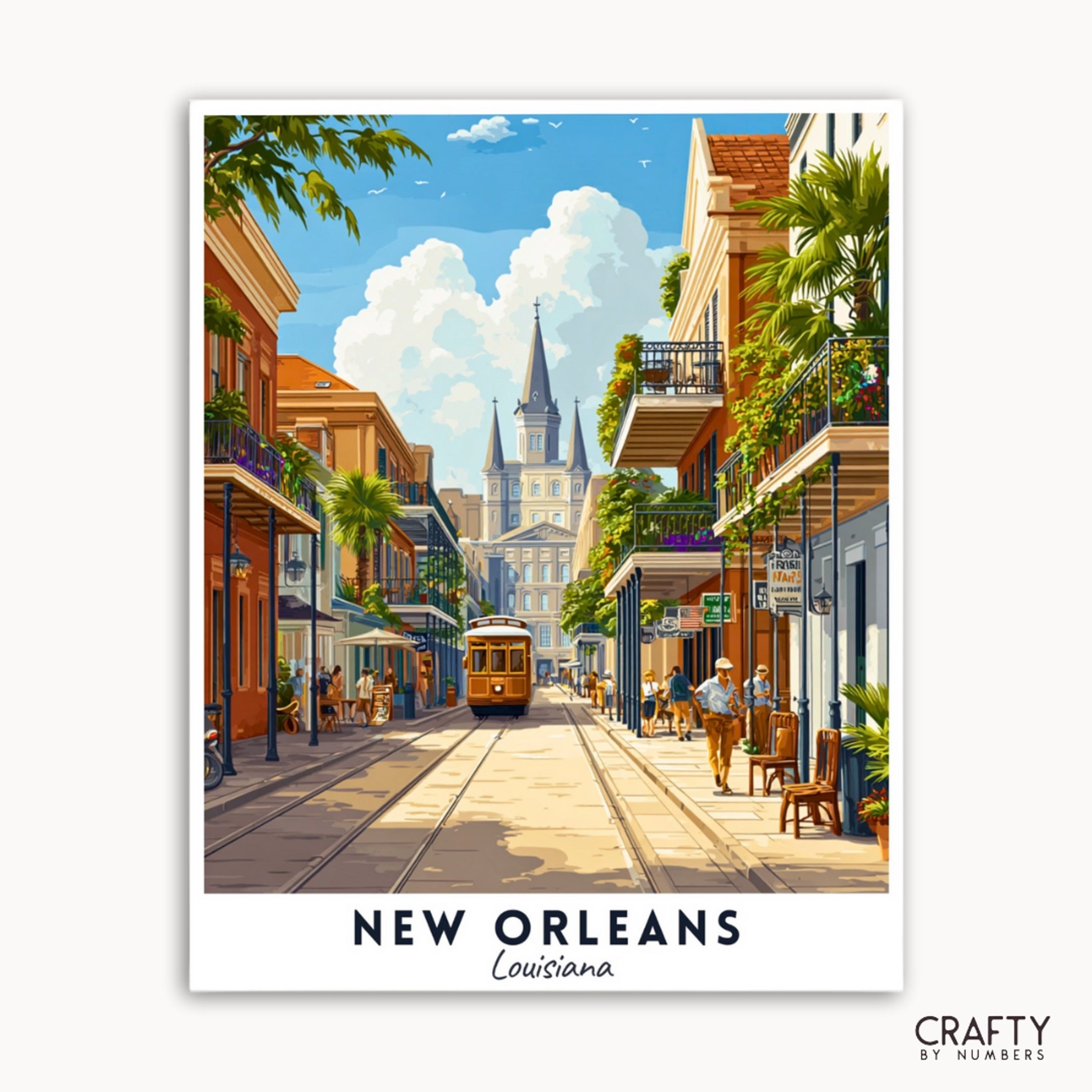 Illustration of a street scene in New Orleans with a tram and buildings.