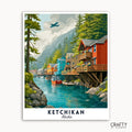 Illustration of Ketchikan, Alaska with colorful houses and a boat on a river.