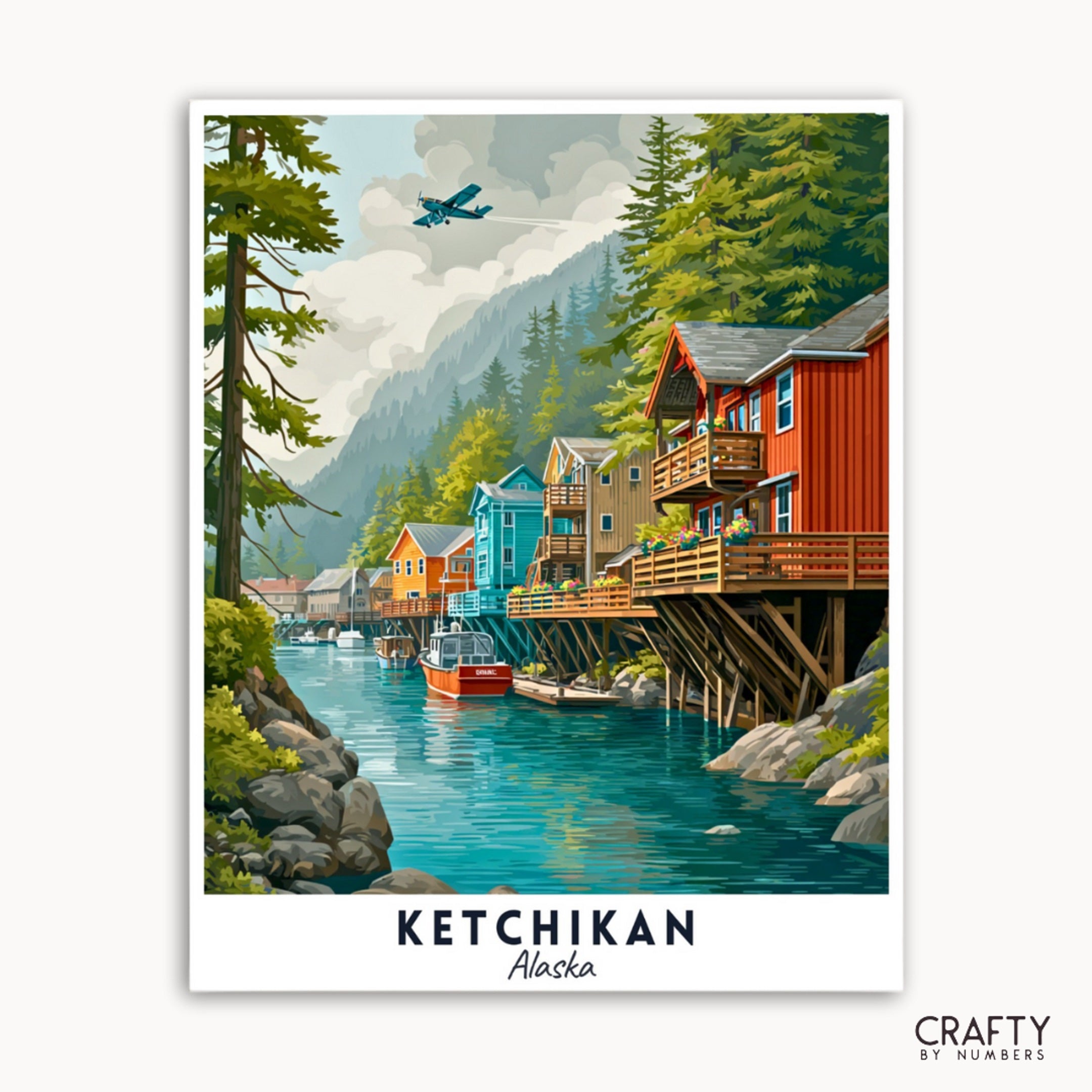 Illustration of Ketchikan, Alaska with colorful houses and a boat on a river.