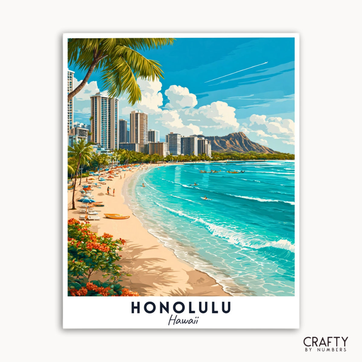 Représentation artistique d'une scène de plage avec le texte d'Honolulu, Hawaï et le logo Crafty by Numbers.