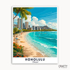 Artistic depiction of a beach scene with Honolulu, Hawaii text and Crafty by Numbers logo.