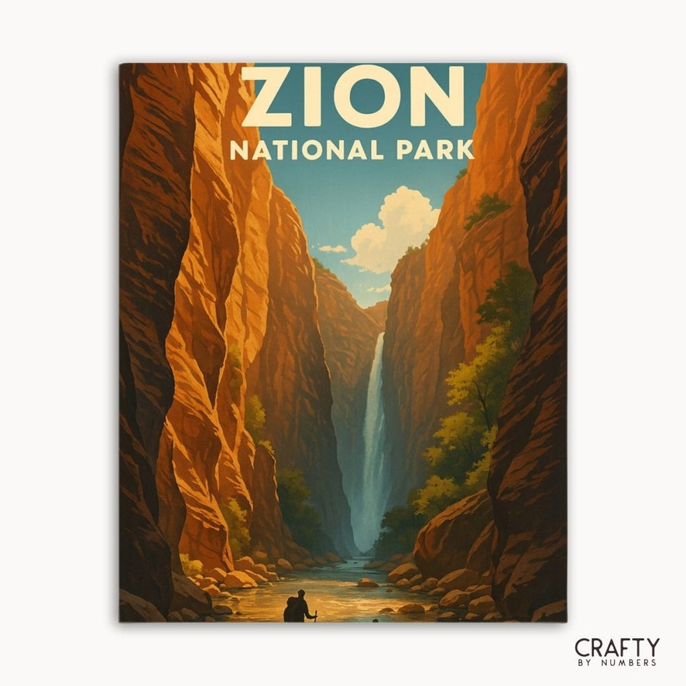 Paint by numbers wall art of Zion National Park waterfall flowing through sandstone canyons.