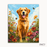 Golden retriever in a field of flowers with a blue sky and butterflies, featuring the brand 'Crafty by Numbers'.