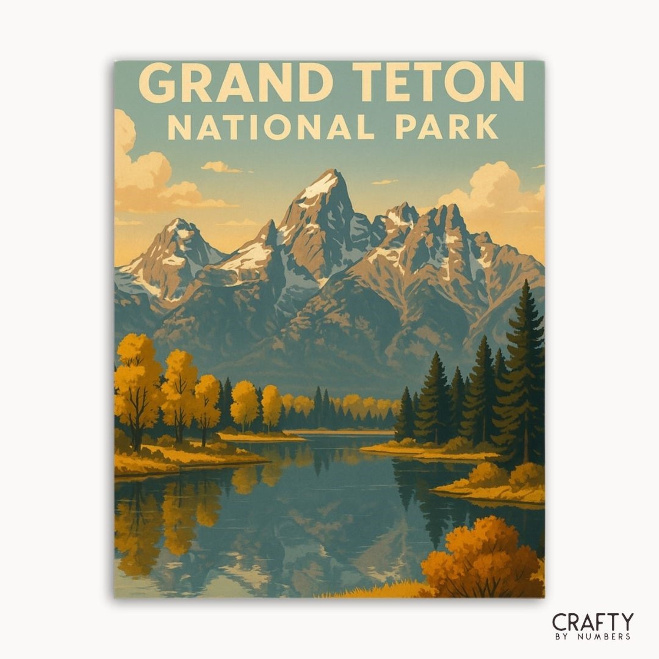 Grand Teton National Park paint by numbers kit featuring golden peaks and scenic mountain landscape art.