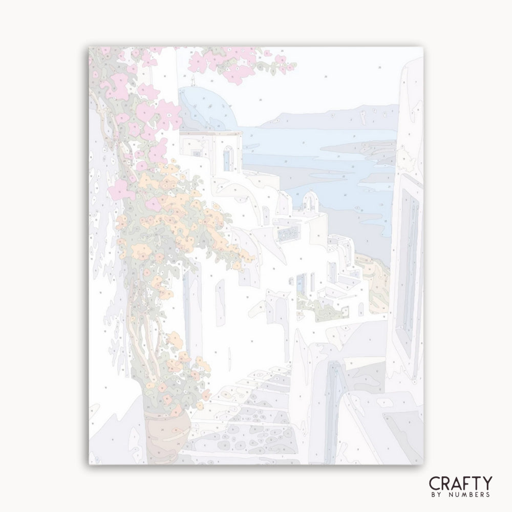 Framed artwork of a coastal scene with buildings and cherry blossoms, labeled 'Crafty by Numbers'.