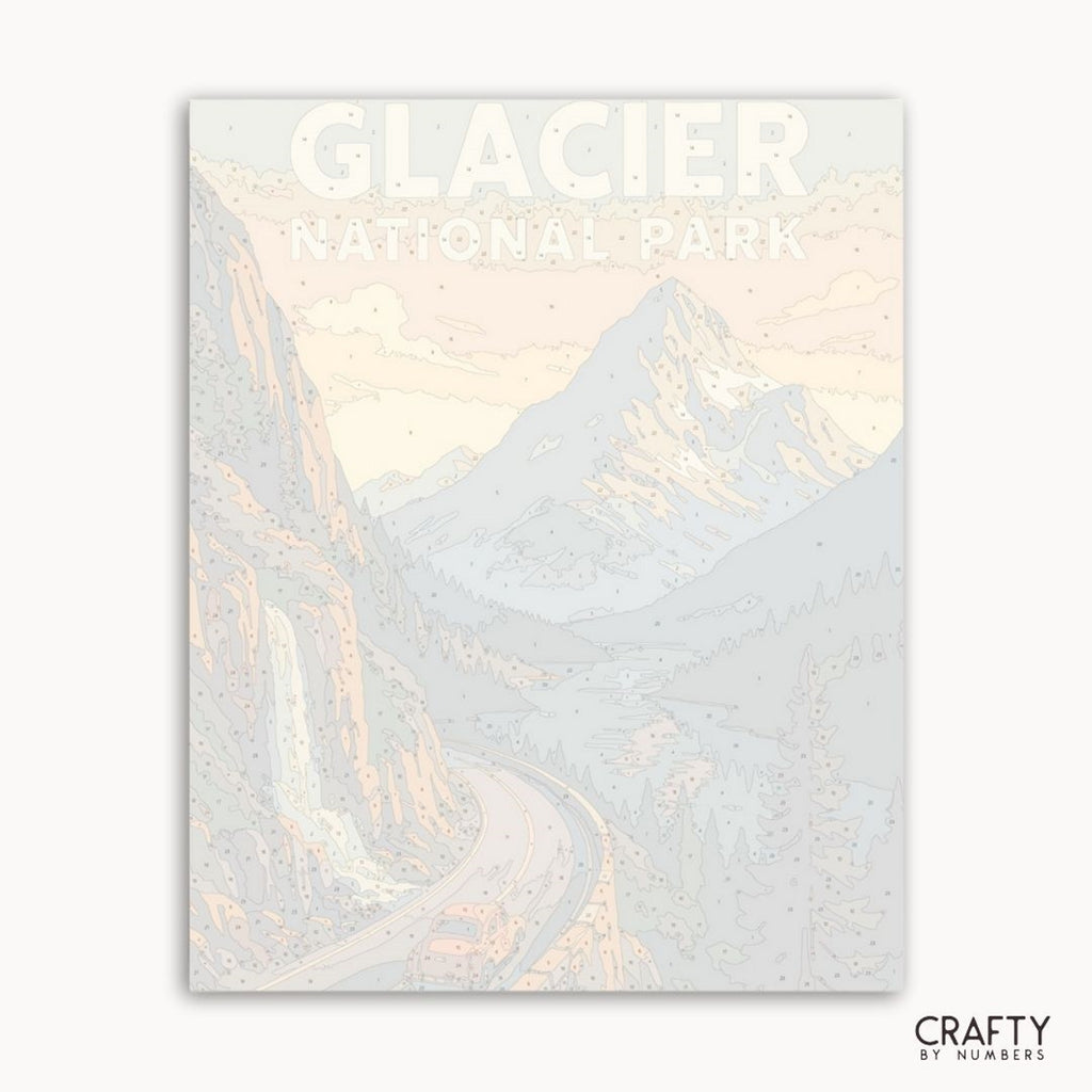 Paint by numbers set capturing Glacier National Park’s breathtaking mountains and serene lakes.