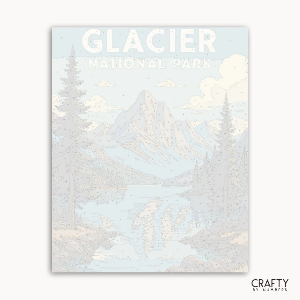 Nature-inspired mountain view painting with reflective lake, Glacier National Park DIY art kit.