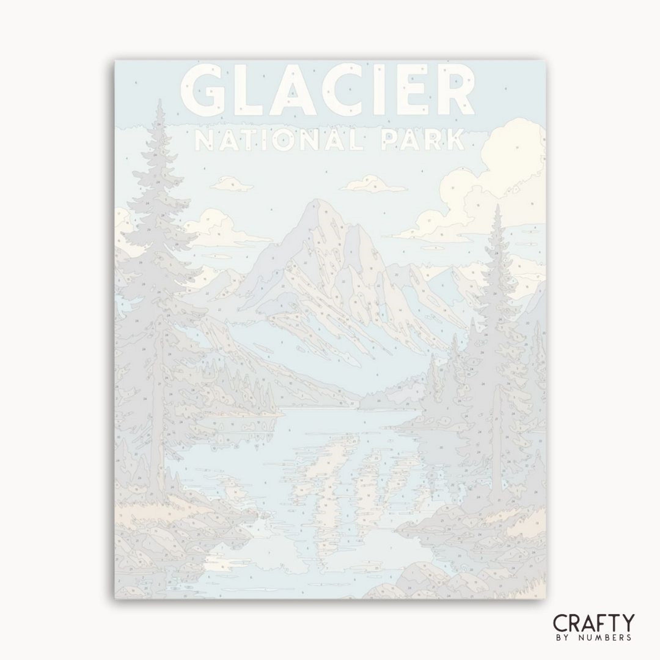 Nature-inspired mountain view painting with reflective lake, Glacier National Park DIY art kit.