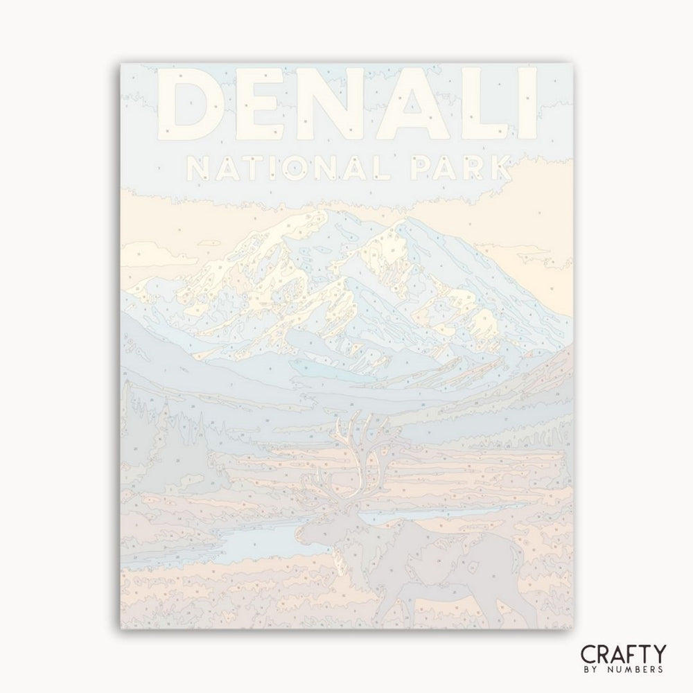DIY art kit of Denali’s majestic mountains and forested valleys, ideal for scenic landscape painting enthusiasts.