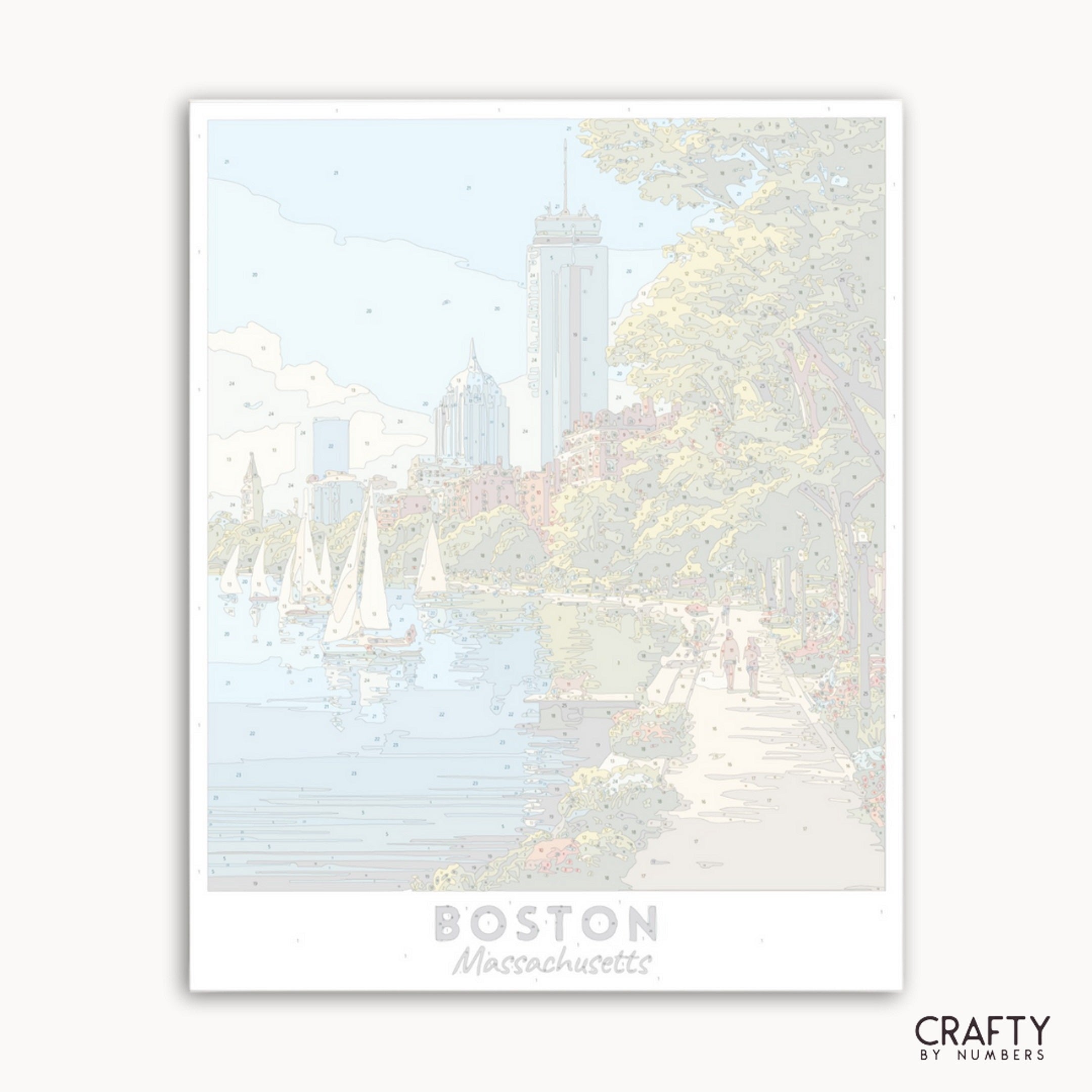 Framed artwork of Boston with sailboats on a lake and city skyline.