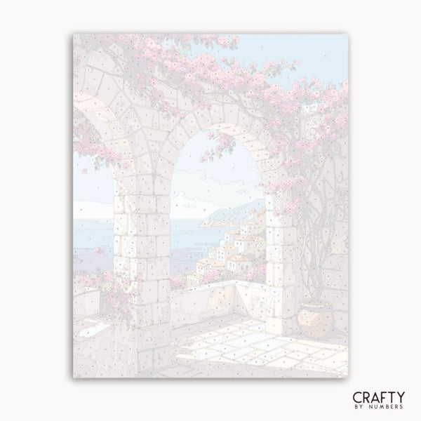 Framed artwork of a stone archway with cherry blossoms against a light blue sky.