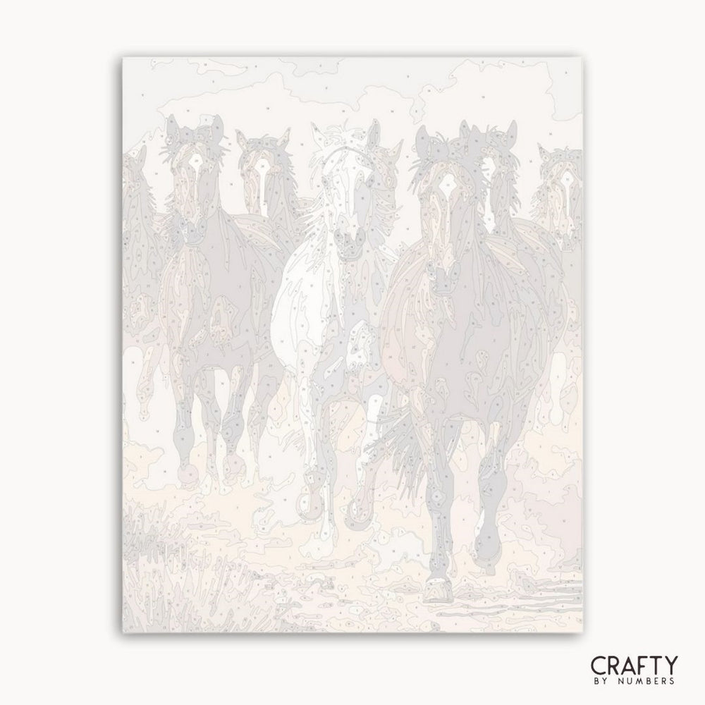 Horses running in a field with a soft, blurred effect on a white background