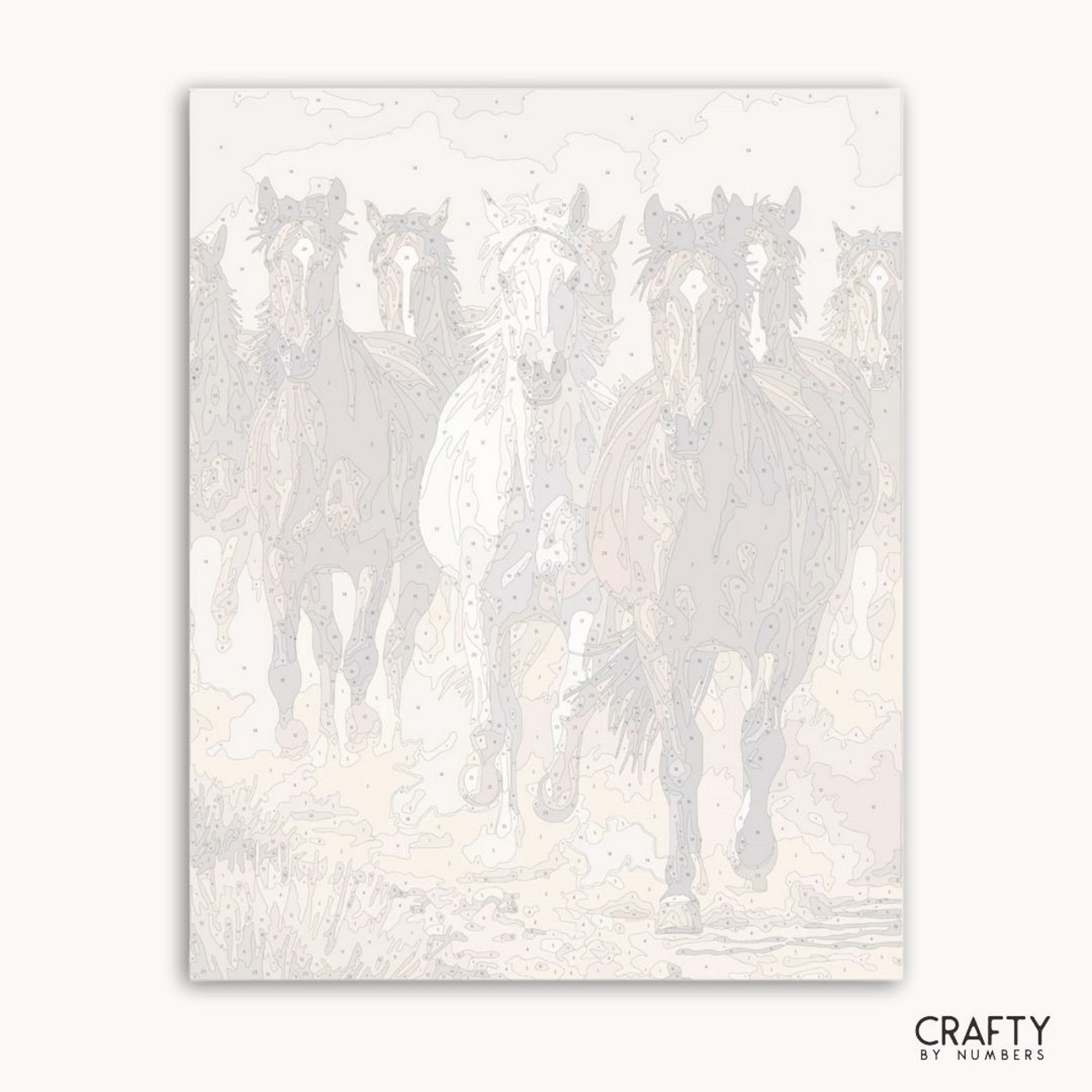 Horses running in a field with a soft, blurred effect on a white background