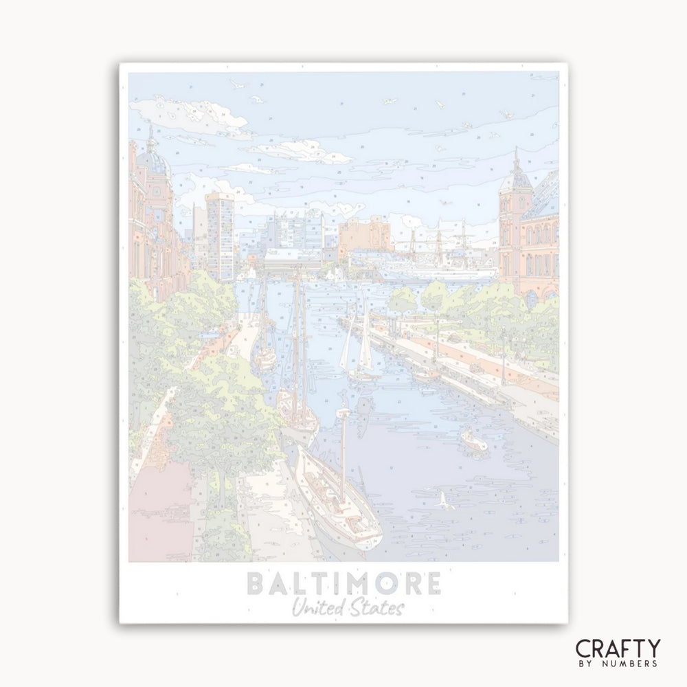 Framed artwork of Baltimore with a river and cityscape.