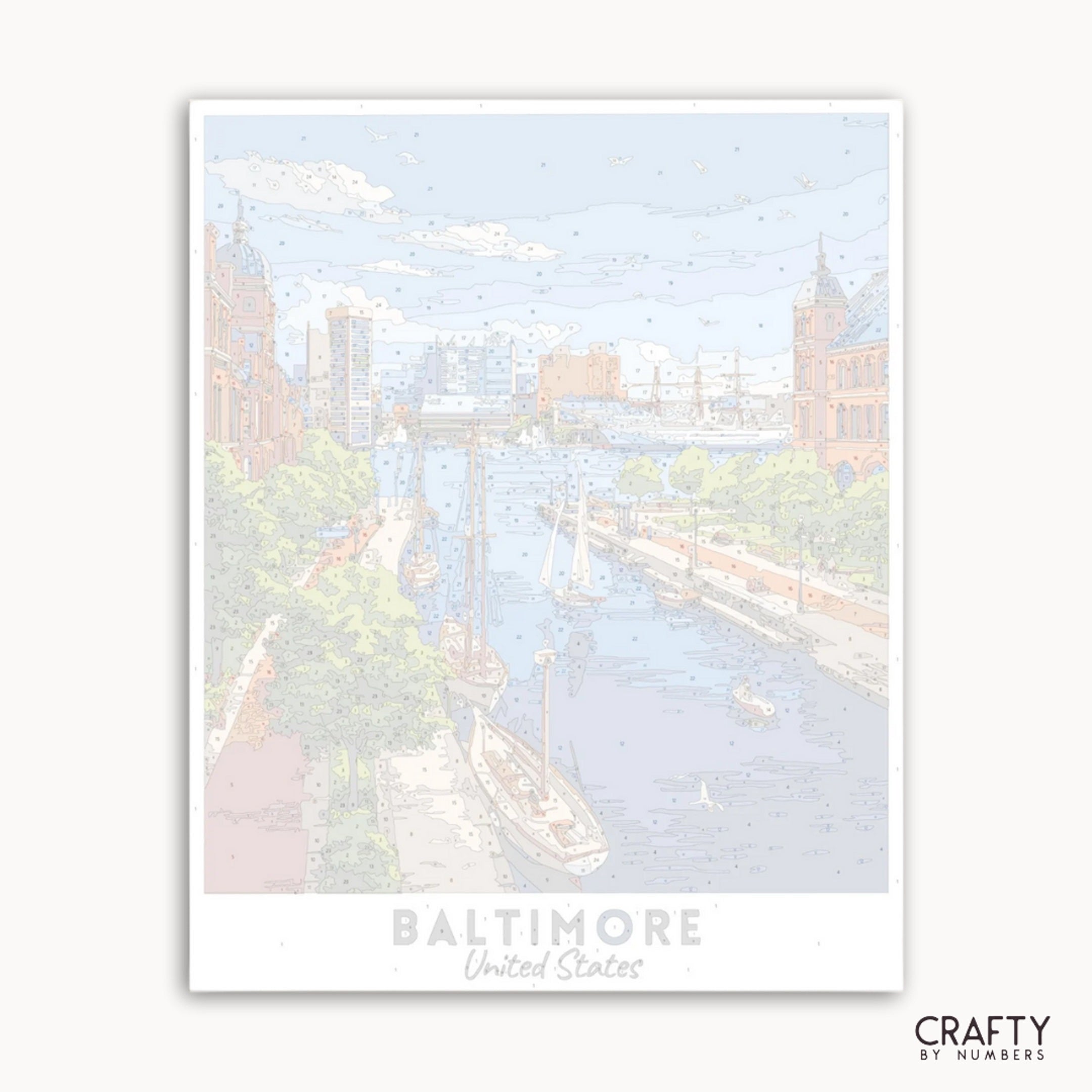 Framed artwork of Baltimore with a river and cityscape.